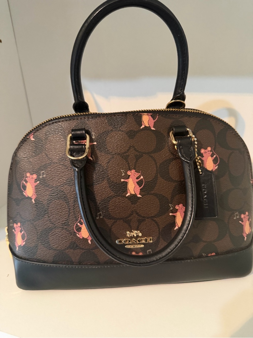 Coach Brown Signature Satchel with Pink Mouse Print